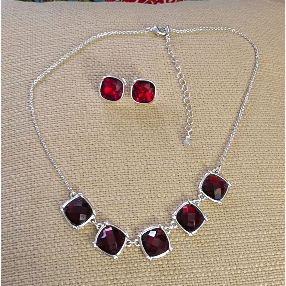 Silver Tone Red Cushion Crystal Necklace & Stud Earrings Jewelry Set
